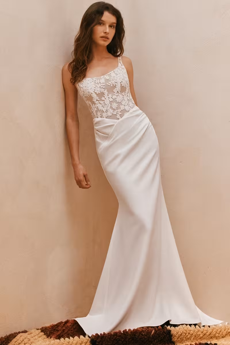 Crepe wedding dress with lace top